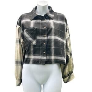 Spoon Jeans Crop black and cream check flannel button down